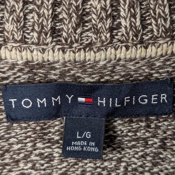 Tommy Hilfiger Sweater Large Brown Marled 1/4 Zip Made in Hong Kong Cotton Knit - Picture 2 of 5